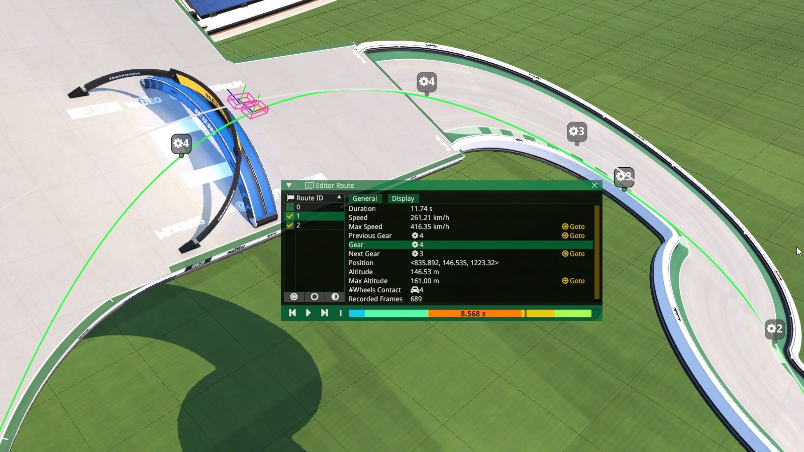 Editor Route showing driving lines, gear-change markers and a timeline in Trackmania